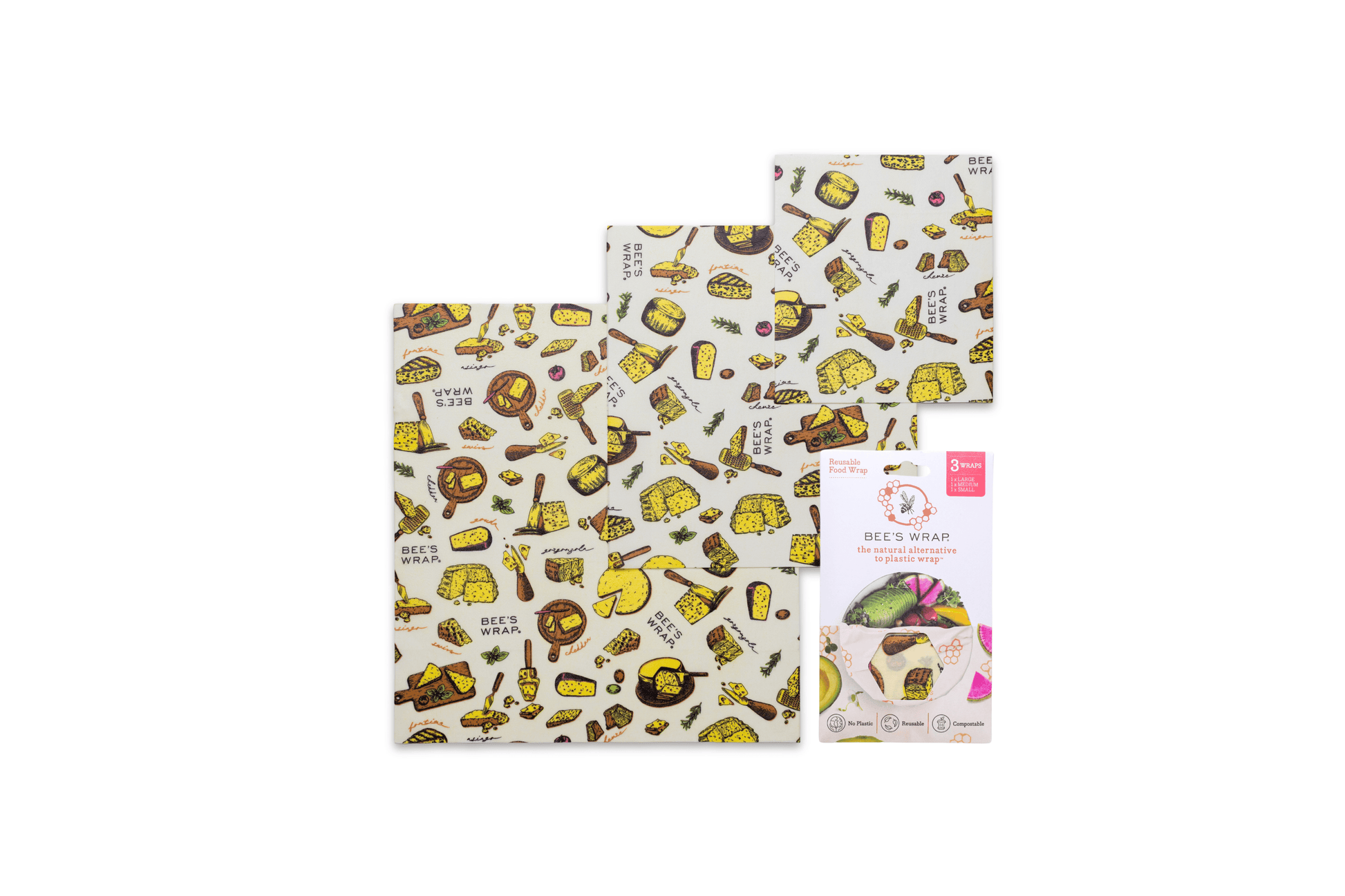Three reusable beeswax wraps with Wheels n Wedges themed pattern, shown next to their white packaging on a solid white background.