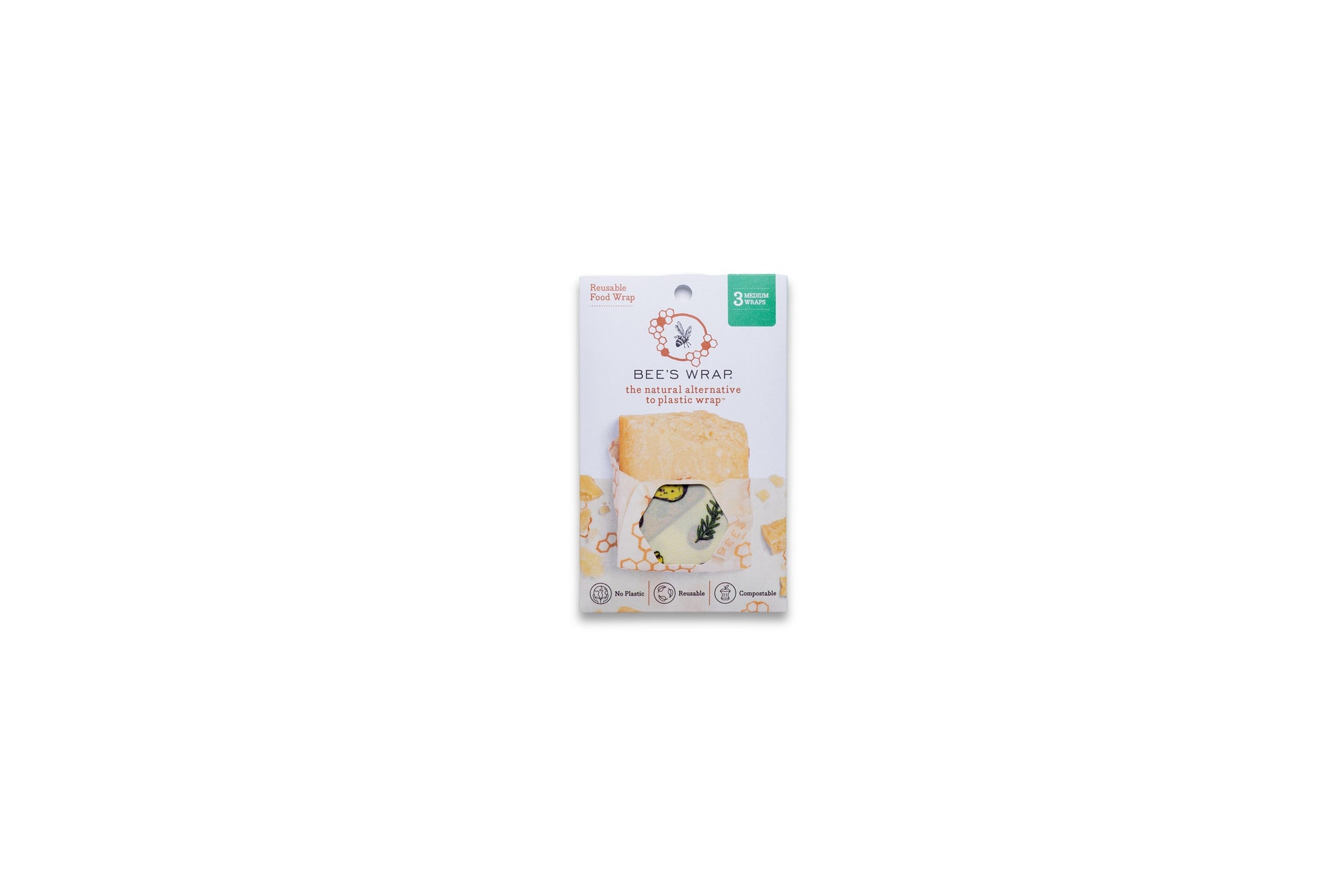 A package of Bees Wrap beeswax wraps, medium 3 pack in packaging with the Wheels n Wedges print.